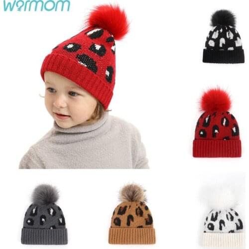 Warmom Childrens Mohair Knit Hat Leopard Print Big Hair Ball Cute Trendy Wool New Autumn And Winter Hats Keep Warm Hat
