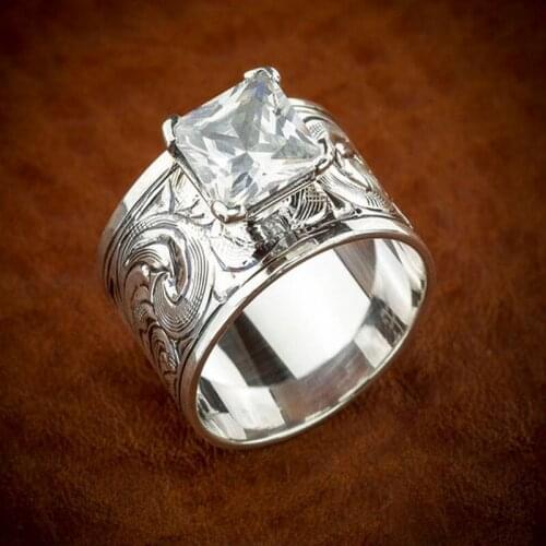 Elegant Silver Color Carved Pattern Inlaid White Cubic Zircon Mens Ring for Female Party Jewelry Accessories Size 5-10
