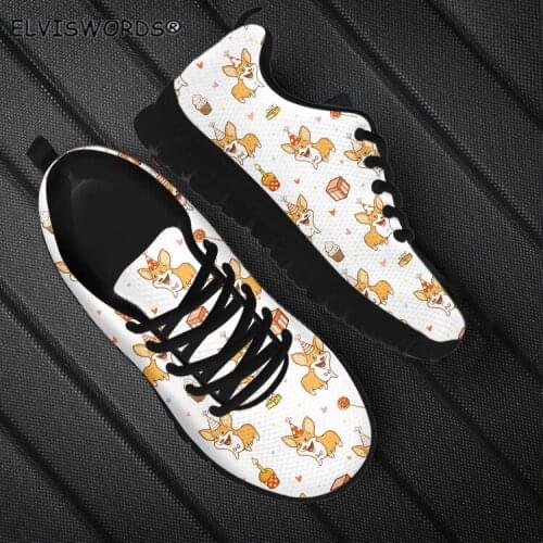 ELVISWORDS Cute Cartoon Corgi Print Breathable Sneaker Flats for Ladies Leisure Womens Walking Shoes Lightweight zapatos mujer