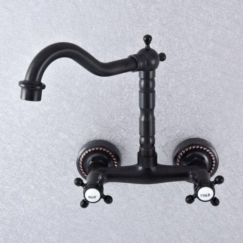 Kitchen Wet Bar Bathroom Vessel Sink Faucet Black Oil Rubbed Brass Wall Mounted Swivel Spout Mixer Tap Dual Cross Handles msf742