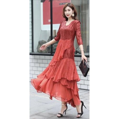 HOT SELLING Miyake fashion sweet fold solid half sleeve v-neck ball gown dress IN STOCK
