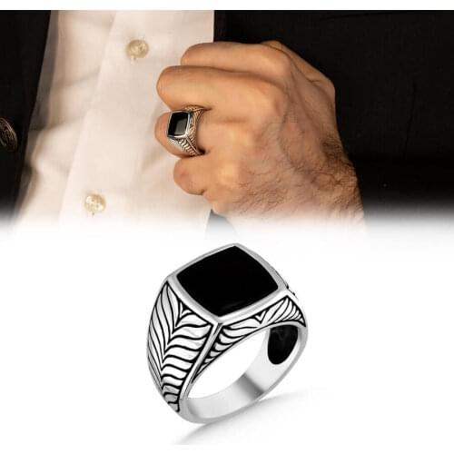 Square Plain Model Black Onyx Gemstone Ring Handmade Men Jewelery High Quality Fashionable Vintage Silver Accessories