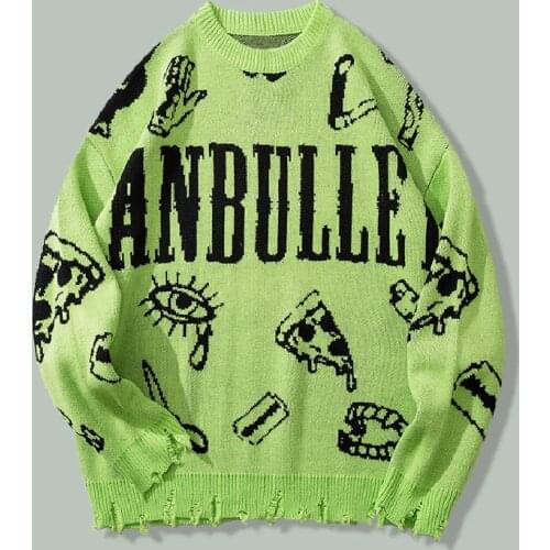 Harajuku Pizza Print Tattered Knitting Sweater Mens Hip Hop Street Story Fashion Casual Sweater 2021 Autumn Oversized Pullovers