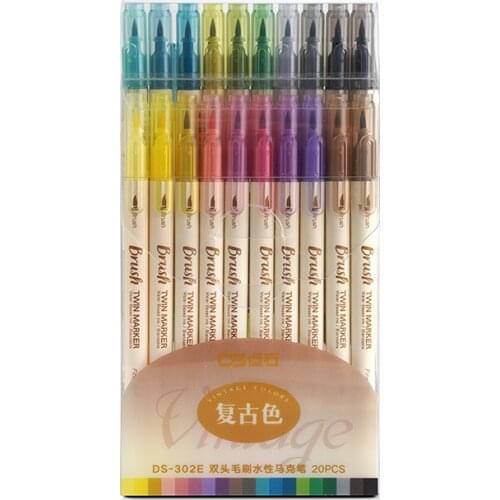 1 Set Retro Color Brush Marker Pens Set Dual Side Fine Liner Water Based Ink Blendable Watercolor Art Paint Drawing School F133