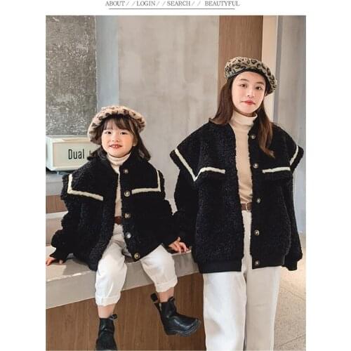 New Korean style winter long-sleeved faux lamb fur big turn down collar jacket outwear for girls and women Mom-daughter clothing