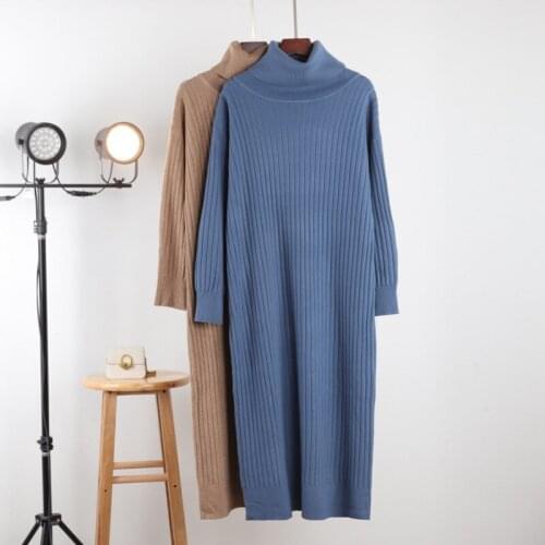 Turtleneck Sweater Dress Women Long Knit Straight Autumn Winter Thick Warm Midi Dress Ribbed Knit Christmas Clothes Female