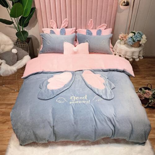 Luxury Pink/grey blue Bedding Set Flannel bed linen Rabbit ears/wings Bed Set Duvet Cover/sheet/pillowcases Queen Size Bed
