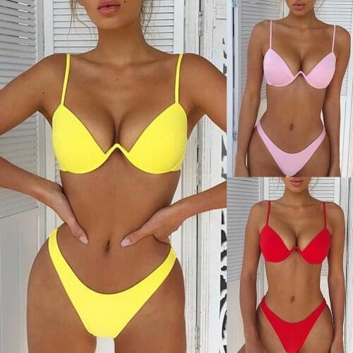 Sexy swimming suit for women Solid Color Swimsuit Bra G-string Briefs Beach Bikini Set Womens Clothing купальник женский 2021