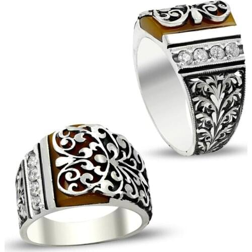 Silver Men Amber Stone Ring Handmade Pure Jewelery High Quality Fashionable Vintage Mens Accessory Turkısh Men Ring