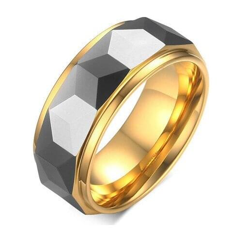 High Polished Polygon Grey Suface Tungsten Steel Ring Gold Mens Ring Original Design Wedding Ring Jewelry