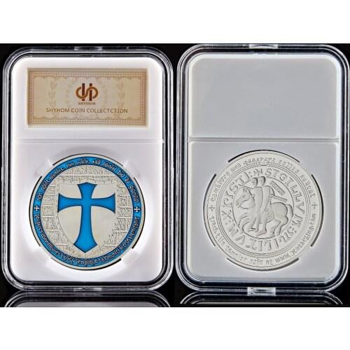 Blue Templar Crusader Knights Token Silver Metal Challenge Coin Collectibles W/ PCCB Holder