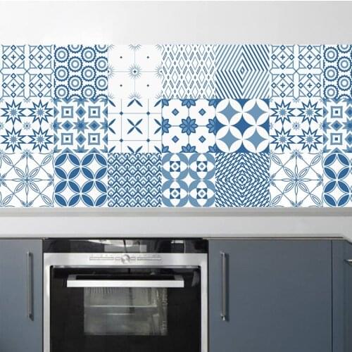 Blue Pattern Tile Wall Sticker Kitchen Bathroom Decoration Poster Self-adhesive PVC Tiles Floor Art Mural Wallpaper