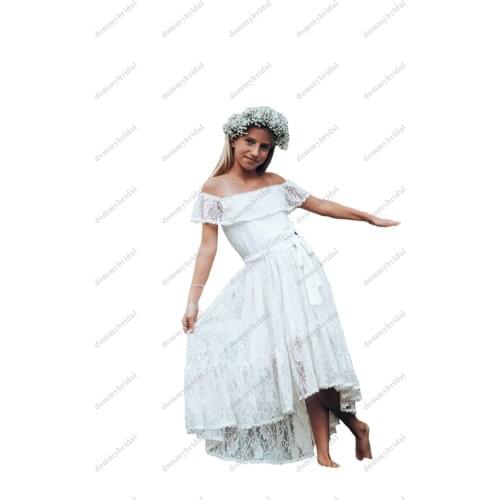 Modest Off shoulder Beach Boho White Flower Girl Dresses 2021 for Wedding Toddler Junior Teens With Sleeves Lace Hi Low Country