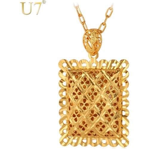 U7 Hollow Pendant Necklace Trendy Gold Color New Square Shape Necklaces & Pendants For Women/Men Jewelry P537
