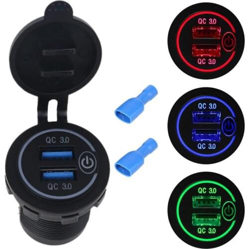 Waterproof 12V 24V Dual QC3.0 USB Car Charger Adapter with On/Off Touch Switch LED Light for Mobile Phone GPS Truck SUV Boat Bus