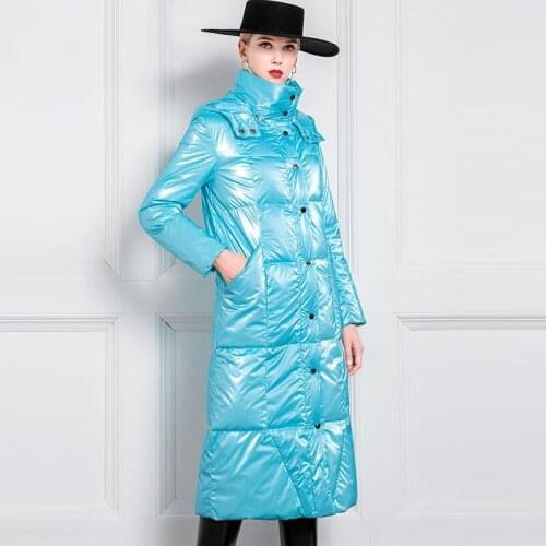 High End White Down Thickened Bright Face Loose Tooling Down Jacket Womens Long Over Knee a Version 2020 New Popular