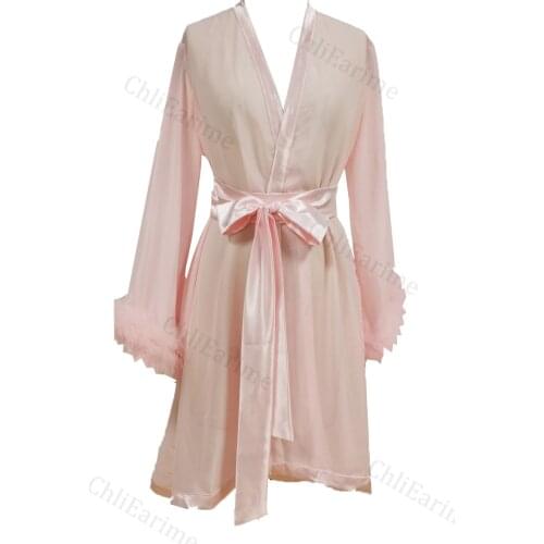 Ladies pink feather cuffs satin nightgown dress skirt