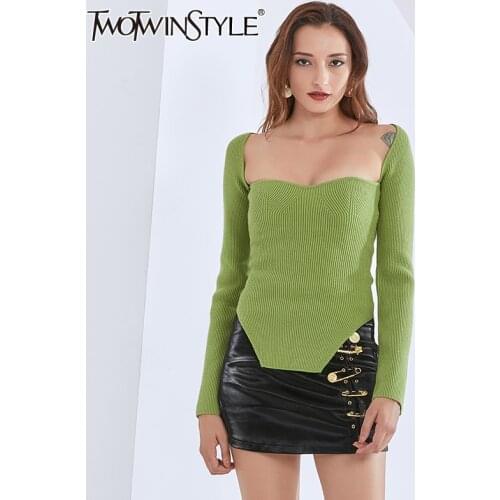 TWOTWINSTYLE Black Slim Sweater For Women Square Collar Long Sleeve Split Solid Knitted Tops Female Fashion New Clothing Spring