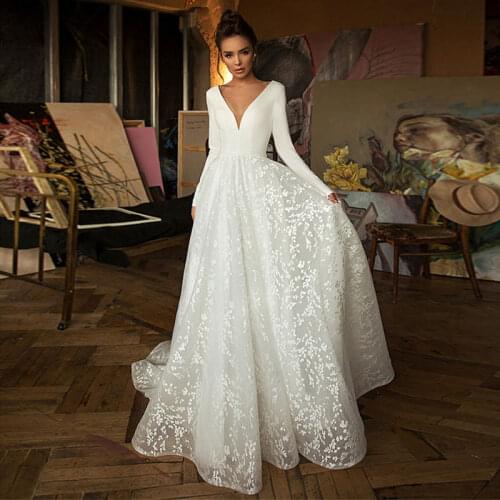 Boho Mariee Vestido Novia Wedding dress Satin Longue Long sleeves Robe De Soiree Easy bride to become