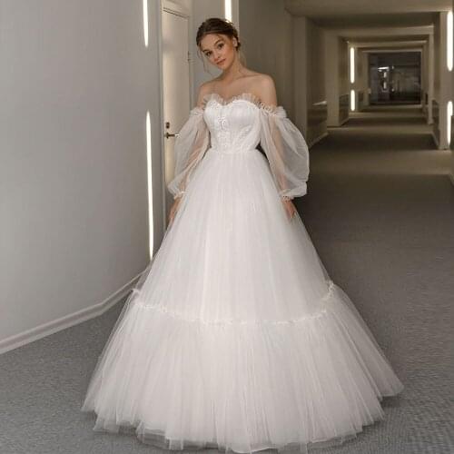Custom Made Sweetheart Neck Lace Up Back Floor Length Beading Lace Tulle Pleat Wedding Dresses Long Sleeve None Tail