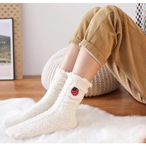 1 Pair Of Fruit Striped Coral Plush Socks Womens Plush Plush Sleeping Terry Socks Autumn Winter Floor Thickened Warm Socks