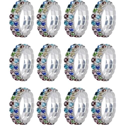 12 Pieces Women Wedding Crystal Diamante 2 ROW Elastic Stretch Ring Fashion Jewelry