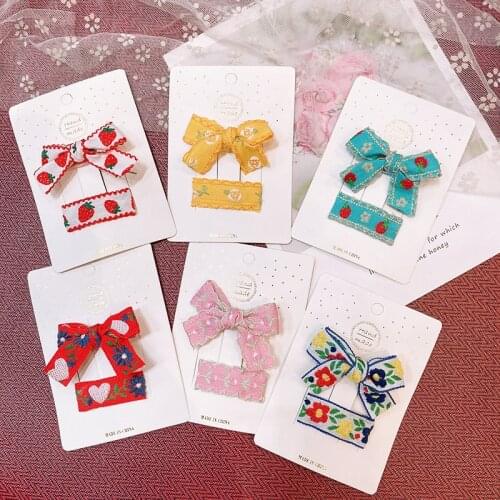 2 Pcs/Set Children Hair Pins Floral Embroidery Hair Clip Kids Hair Accessories Cute Children Girl Fabric Bow Duckbill Clip
