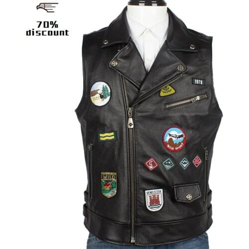 2020 Black Men Slim Fit Bikers Leather Vest Plus Size XXXXL Genuine Cowhide Autumn American Style Motorcycle Leather Vest