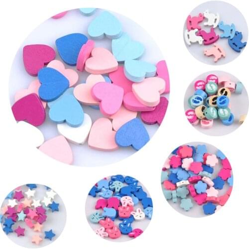 50PCS Colorful Animal Natural Wooden Beads Love Star Horse Bunny Bear Footprints Plum Beads for 2019 Diy/handmade Jewelry Making
