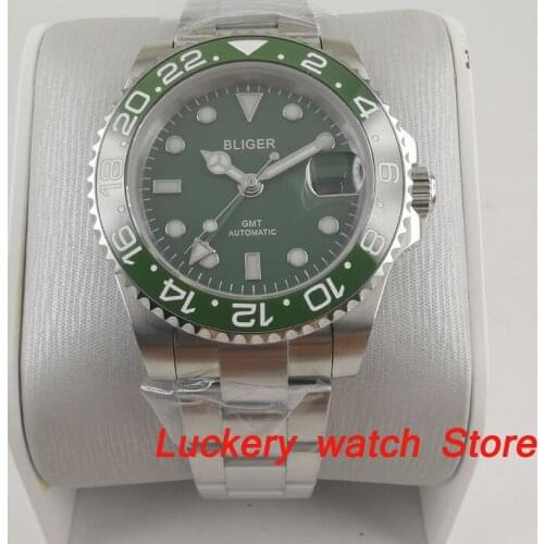 Bliger 40mm green dial luminous saphire glass;green Ceramic Bezel GMT Automatic movement mens watch-BA22