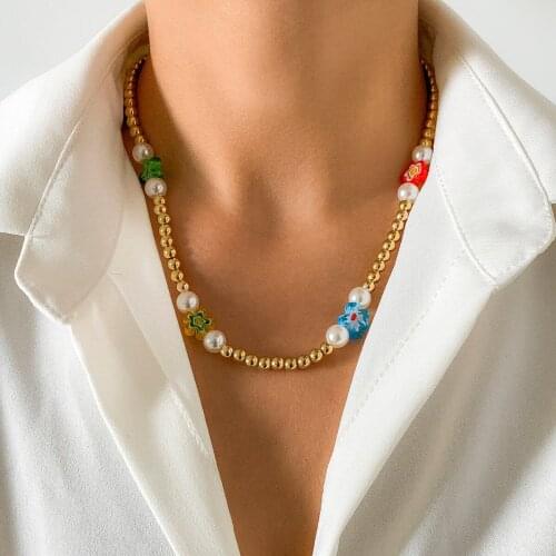 IngeSight.Z Y2K Boho Colorful Rainbow Flower Short Choker Necklaces for Women Imitation Pearl Beaded Clavicle Necklaces Jewelry