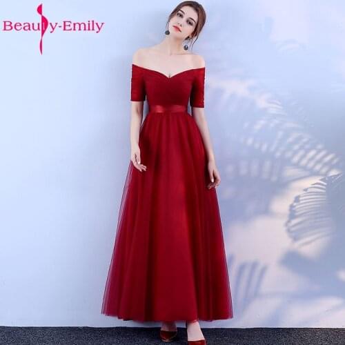Beauty-Emily Long Burgundy Cheap Bridesmaid Dresses 2020 A-Line Off the Shoulder Half Sleeve Vestido da dama de honra