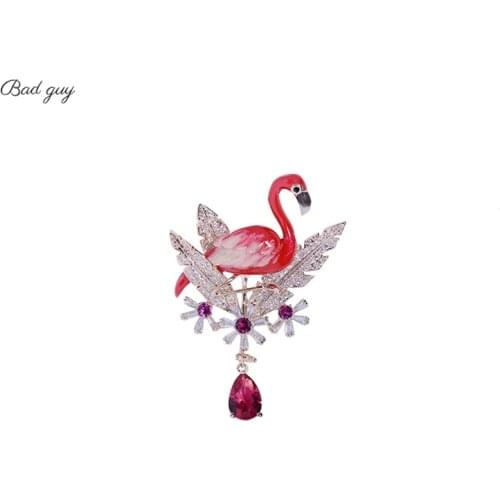 Enameled Flamingo Brooch for Women 2021 Jewelry Zircon Gem Pin Clothes Scarf Buckle Garment Accessories Fashion Jewelry Gift