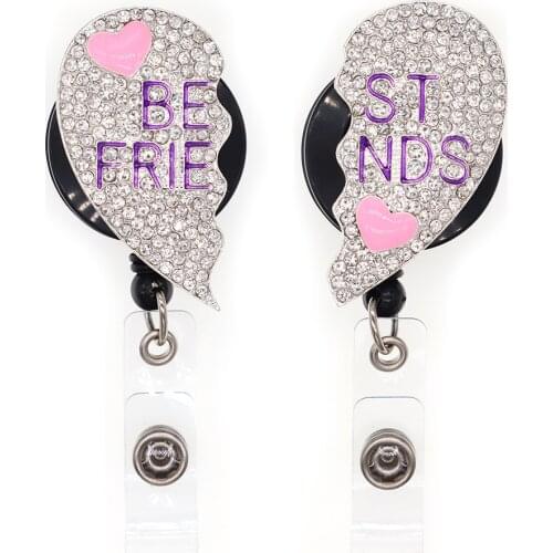 Hot Sale Heart Best Friends Rhinestone Retractable Id Badge Holder Reel