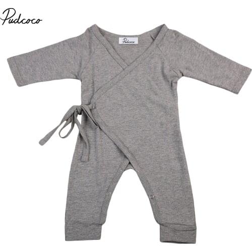 Pudcoco Newborn Baby Boy Girl Little Wing Romper Jumpsuit Long Sleeve Lace-up Playsuit Solid Color Fashion Clothes Outfit 0-24M