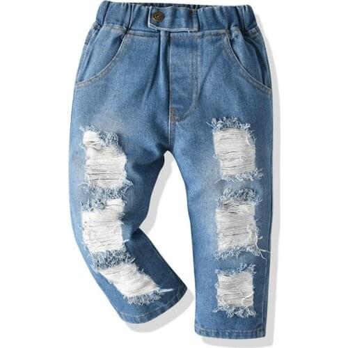 Broken Straight Jeans Summer Classic Bottoms Children Denim Long Pants Kids Baby Casual Trouser