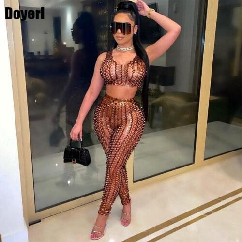 Summer Hollw Out Sexy Two Piece Set Party Club Birthday Outfits for Women Matching Sets Crop Tops 2 Piece Pants Set Clubwear