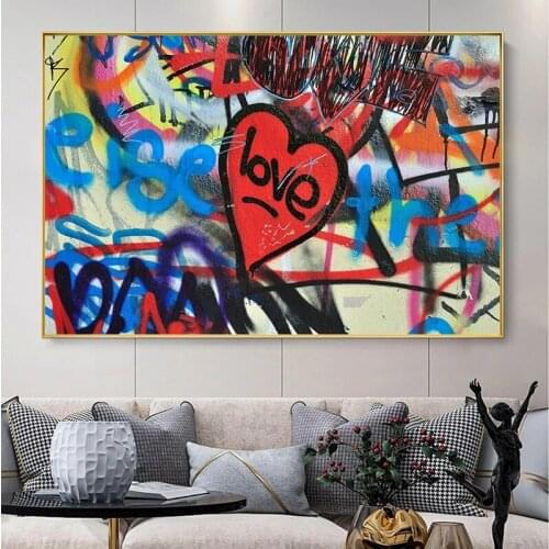 Love Hearts Graffiti Banksy Wall Art Canvas Painting Posters and Prints Abstract Wall Pictures for Living Room Decor