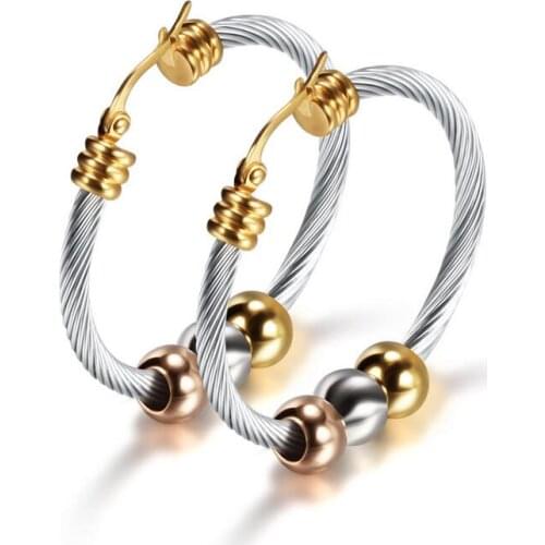 Fashion Korean Gold Big Hoop Earrings With Three Beads Round Circle Stainless Steel Earrings For Women Trendy Hiphop Rock