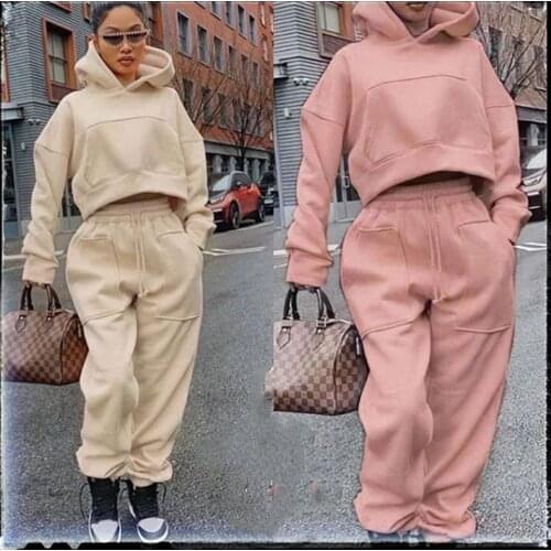 Fashion Womens Suit Fleece Knitted Casual Hooded Collar Pullover Solid Color Regular Trousers Sports Two-piece Suit Donsignet