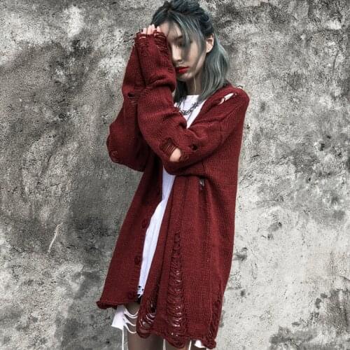 Fashion Hip Hop Women Hole Ripped Cardigan Sweaters Spring Autumn Streetwear Harajuku Stripe Knitted Tops Loose V-neck Lady Coat