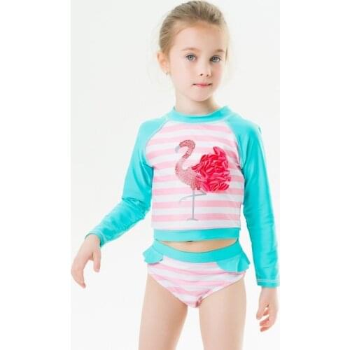 2021 New Girls Swimsuit Split Long Sleeve Sunscreen Swimwear 3D Flamingo Hot Spring Kids Baby Bathing Suit Childrens Beachwear
