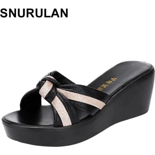 SNURULANBig Size 34-43 Platform Slippers Women Summer Shoes 2021 Fashion Stipe Open Head Medium Heel Wedges Slides Ladies Beach