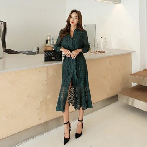 Spring Hollow-out Lace Women Dress with Belt Single Breasted Elegant Mermaid Female Dress Full Sleeve Autumn Vestidos femme