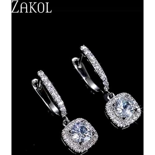 ZAKOL New Trendy Square Shape Drop Earrings Brilliant Bridal Engagement Wedding Jewelry Elegant Female Dangle Earring Fine Gift