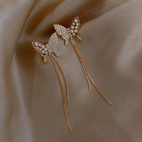 2021 New Imitation Pearl Butterfly Long Tassel Temperament Net Red Earrings Jewelry Female Seaside Holiday Style Earrings Brinco