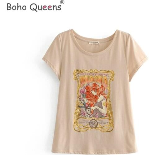 Boho hippie Women Top O-Neck cartoon rose print Cotton T-shirts ladies short sleeve Tee couple shirts