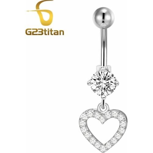 G23Titanium 14G Belly Piercing Ring Dangling Heart Crystal Pendant Womens Jewelry Body pircing Chain piercing nombril