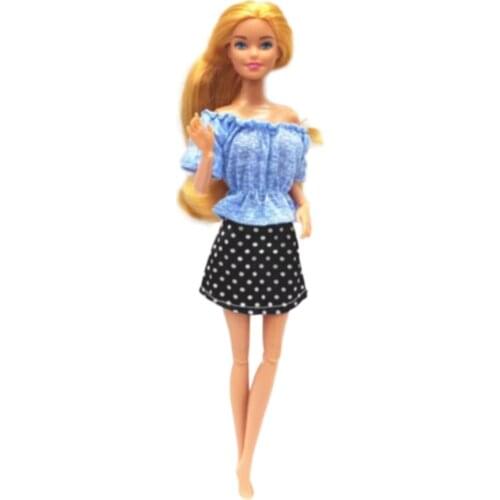 1/6 Fashion Doll Outfit For Barbie Doll Clothes Blue Ruffle Off Shoulder Shirt Black Polka Skirt 11.5" Dolls Accessory Kids Toy