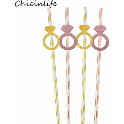 Chicinlife 10Pcs Rose Gold Ring Diamond Paper Straws Bachelorette Party Table Supplies Drink Straws Wedding Party Decoration